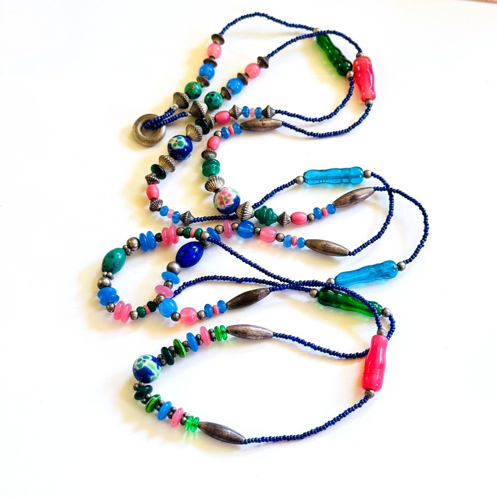 VTG art glass necklace blue pink cloisonne floral Beads silver tone flapper 60"